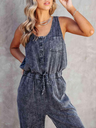 Drawstring Waist Sleeveless Denim Jumpsuit | Multiple Color Options - Closet of Ren