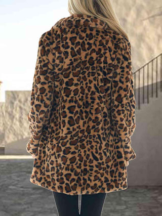 Leopard Collared Neck Coat with Pockets - Closet of Ren