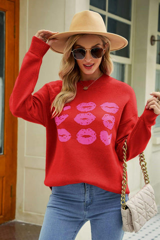 Woven Right Lip Graphic Slit Dropped Shoulder Sweater - Closet of Ren