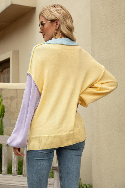 Color Block Round Neck Dropped Shoulder Sweater - Closet of Ren