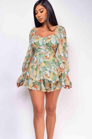 Floral Sweetheart Neck Flounce Sleeve Romper - Closet of Ren