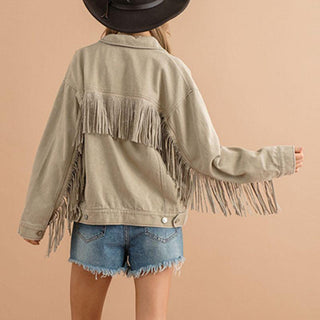 Fringe Detail Dropped Shoulder Denim Jacket - Closet of Ren