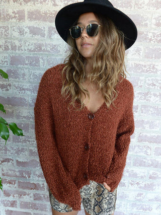 V-Neck Button Up Long Sleeve Fuzzy Cardigan