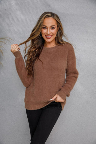 Dropped Shoulder Round Neck Fuzzy Sweater - Closet of Ren