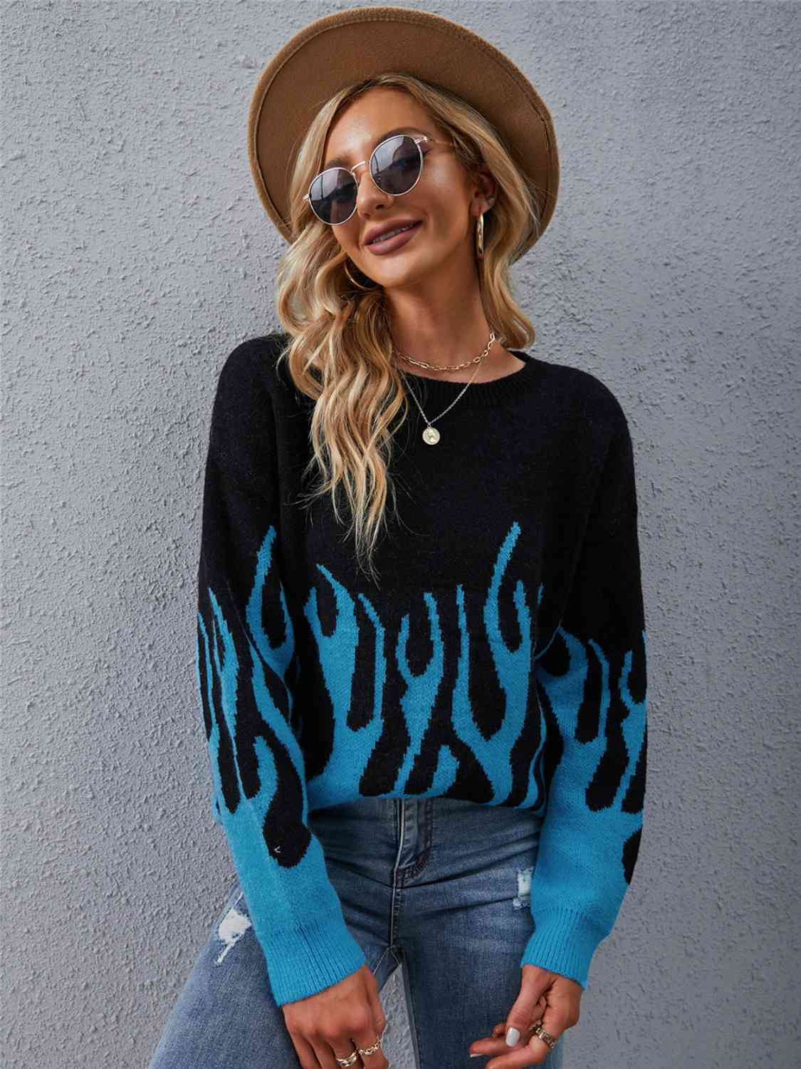 Flame Design Printed Round Neck Long Sleeve Sweater