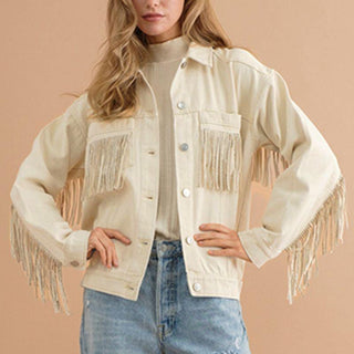 Fringe Detail Dropped Shoulder Denim Jacket - Closet of Ren