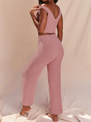 Fuzzy V-Neck Cropped Tank and Pants Set | Multiple Color Options