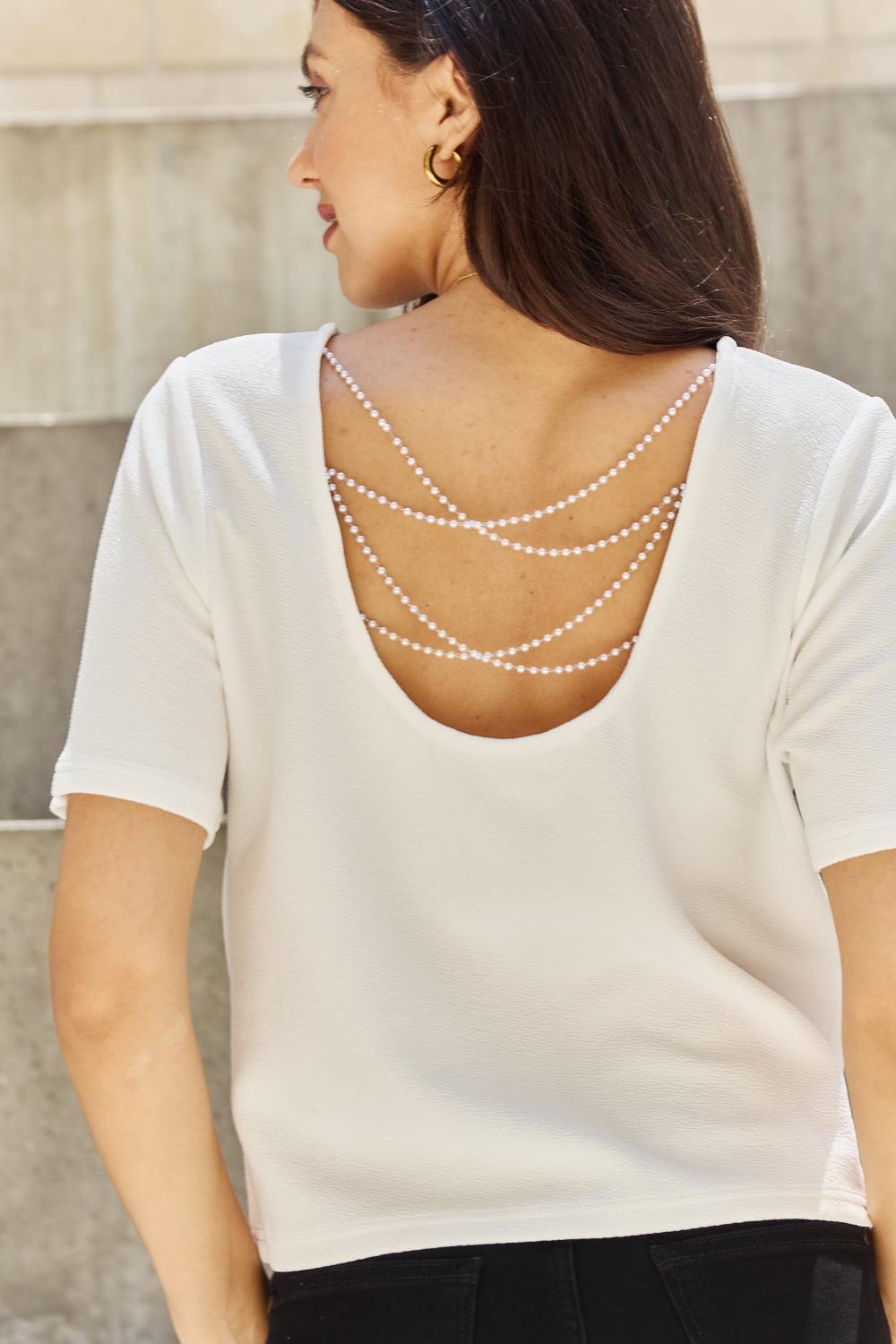 And The Why Pearly White Full Size Criss Cross Pearl Detail Open Back T-Shirt - Closet of Ren