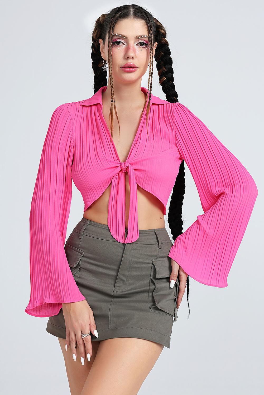 Tie Front Johnny Collar Flare Sleeve Cropped Top - Closet of Ren