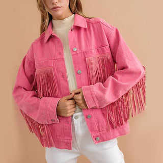 Fringe Detail Dropped Shoulder Denim Jacket - Closet of Ren