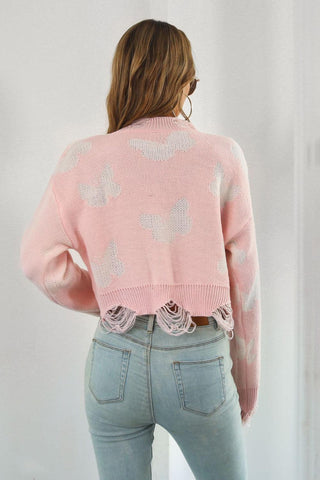 Printed Round Neck Ribbed Long Sleeve Sweater - Closet of Ren