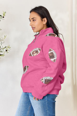 Double Take Full Size Sequin Football Half Zip Long Sleeve Sweatshirt