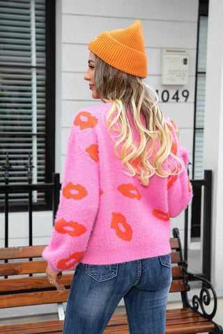 Printed Round Neck Long Sleeve Fuzzy Sweater - Closet of Ren