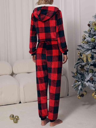 Plaid Zip Front Long Sleeve Hooded Lounge Jumpsuit - Closet of Ren