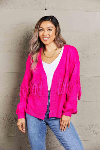 Double Take Fringe Trim Open Front Cardigan - Closet of Ren