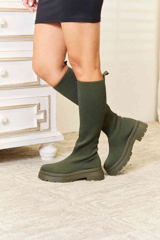 WILD DIVA Footwear Knee High Platform Sock Boots in Olive Green