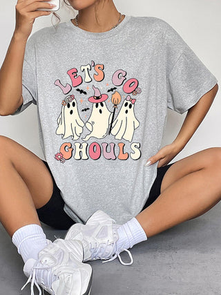 Round Neck Short Sleeve LET'S GO GHOULS Graphic T-Shirt - Closet of Ren