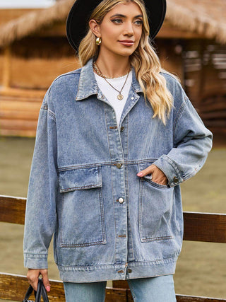 Dropped Shoulder Denim Jacket with Pockets - Closet of Ren