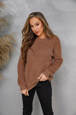 Dropped Shoulder Round Neck Fuzzy Sweater - Closet of Ren