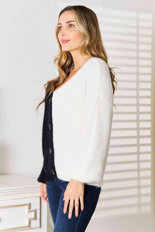 Woven Right Contrast Button-Front V-Neck Cardigan - Closet of Ren