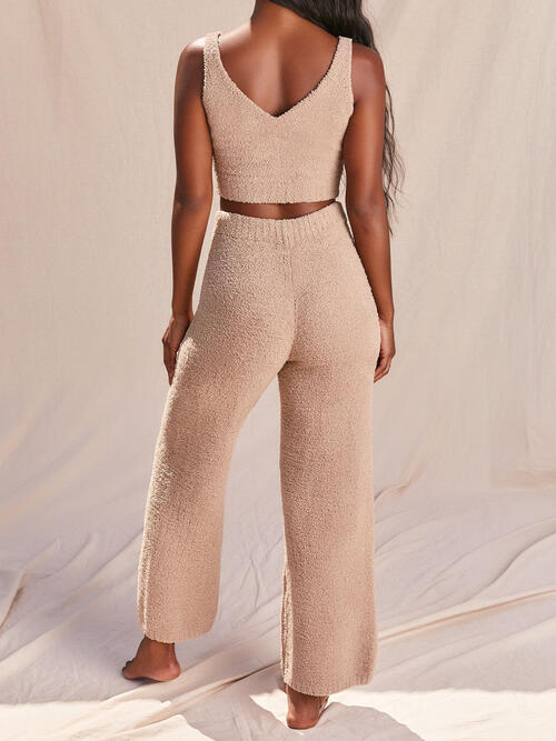 Fuzzy V-Neck Cropped Tank and Pants Set | Multiple Color Options