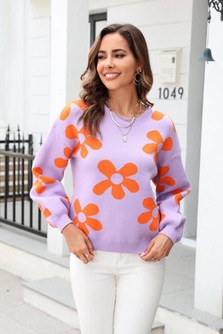 Floral Print Round Neck Dropped Shoulder Pullover Sweater - Closet of Ren