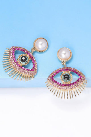 Evil Eye Rhinestone Dangle Pearl Earrings - Closet of Ren