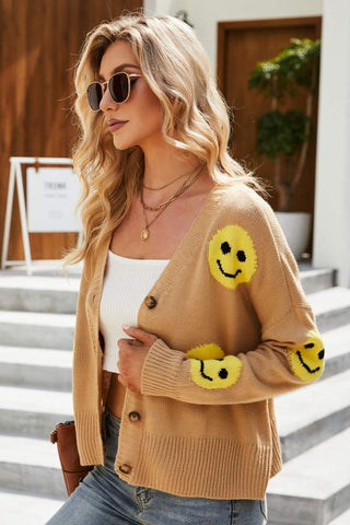 Smiley Face Ribbed Trim V-Neck Cardigan - Closet of Ren