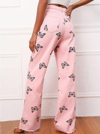 Butterfly Pattern Wide Leg Jeans - Closet of Ren