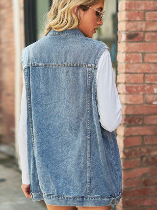 Collared Neck Sleeveless Denim Vest Top with Pockets - Closet of Ren