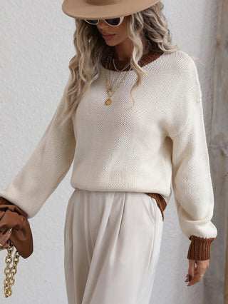 Contrast Trim Drop Shoulder Pullover Sweater - Closet of Ren