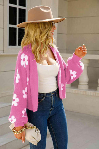 Floral Open Front Fuzzy Cardigan - Closet of Ren