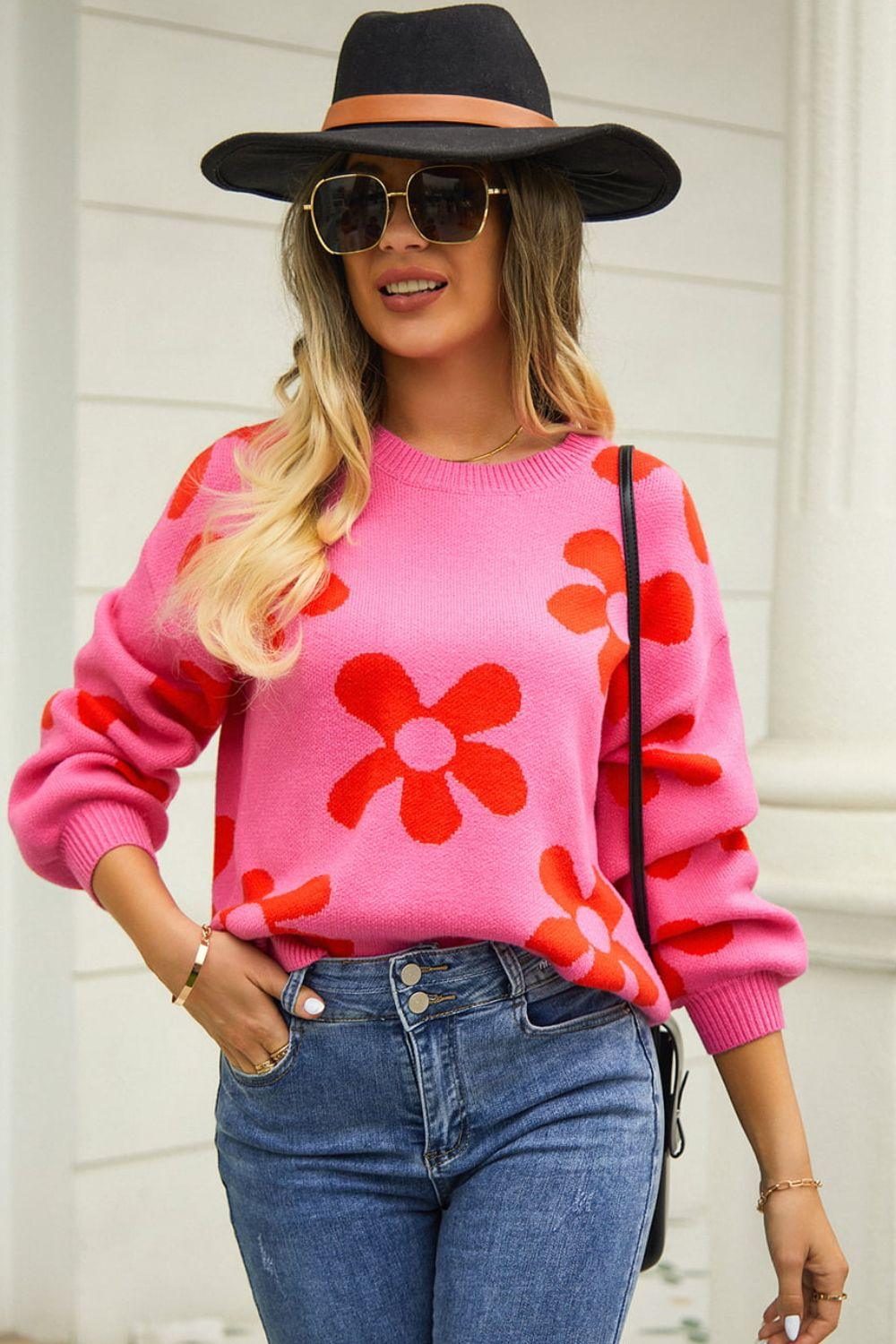 Floral Print Round Neck Dropped Shoulder Pullover Sweater - Closet of Ren