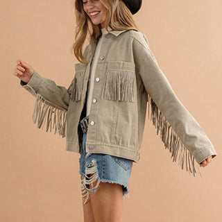 Fringe Detail Dropped Shoulder Denim Jacket - Closet of Ren