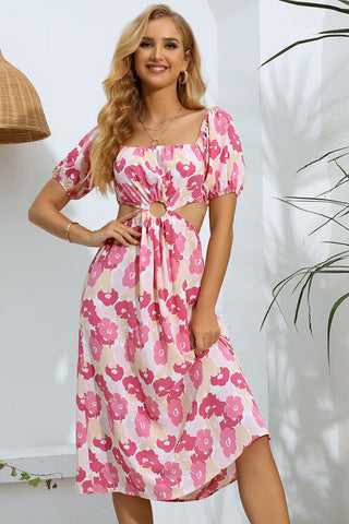 Floral Cutout Square Neck Puff Sleeve Dress - Closet of Ren