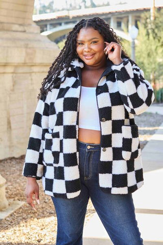 Chic Black and White Checkered Coat with Pockets