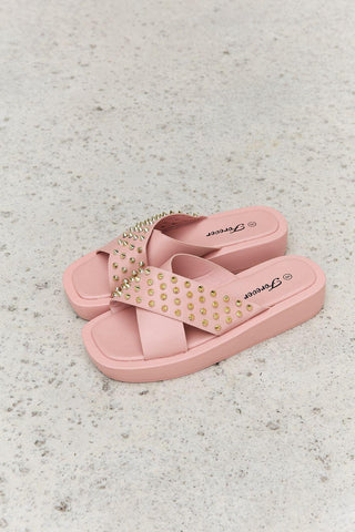 Forever Link Studded Cross Strap Sandals in Blush - Closet of Ren