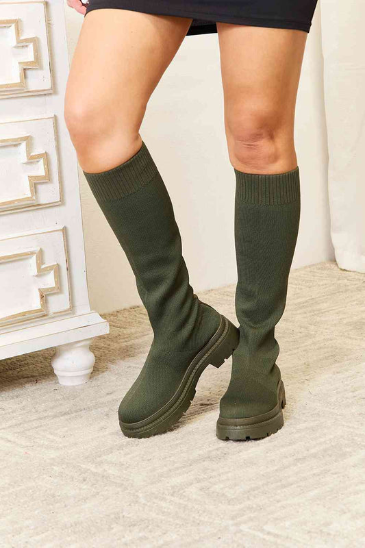 WILD DIVA Footwear Knee High Platform Sock Boots in Olive Green