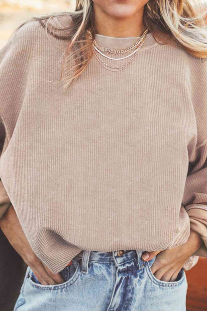 Ribbed Round Neck Drop Shoulder Sweatshirt | Multiple Color Choices