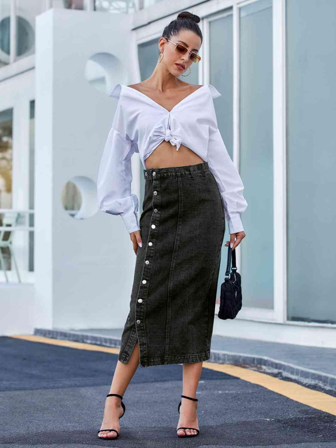 Button Down Denim Skirt | Multiple Color Choices - Closet of Ren