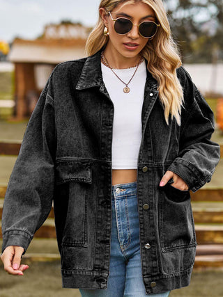 Dropped Shoulder Denim Jacket with Pockets - Closet of Ren