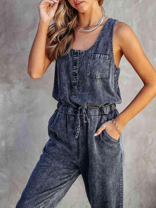 Drawstring Waist Sleeveless Denim Jumpsuit | Multiple Color Options - Closet of Ren