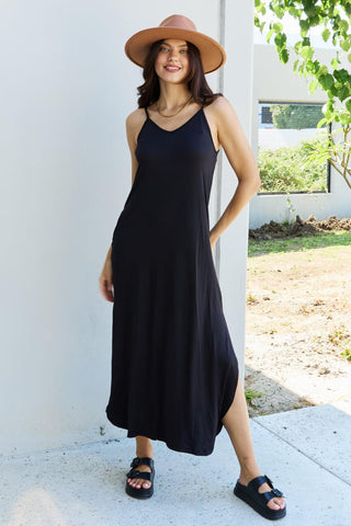 Ninexis Good Energy Full Size Cami Side Slit Maxi Dress in Black - Closet of Ren