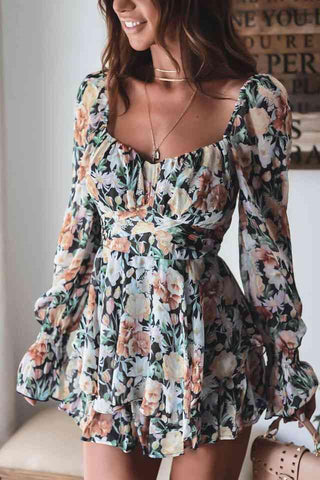 Floral Sweetheart Neck Flounce Sleeve Romper - Closet of Ren