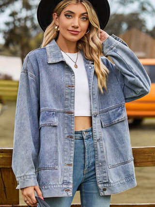 Dropped Shoulder Denim Jacket with Pockets - Closet of Ren