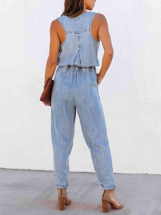 Drawstring Waist Sleeveless Denim Jumpsuit | Multiple Color Options - Closet of Ren