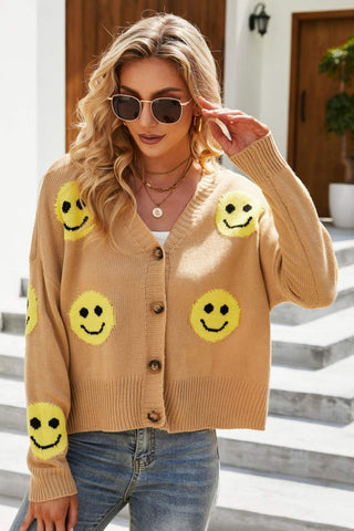 Smiley Face Ribbed Trim V-Neck Cardigan - Closet of Ren