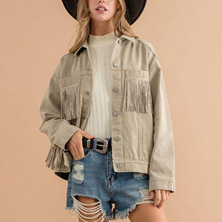 Fringe Detail Dropped Shoulder Denim Jacket - Closet of Ren