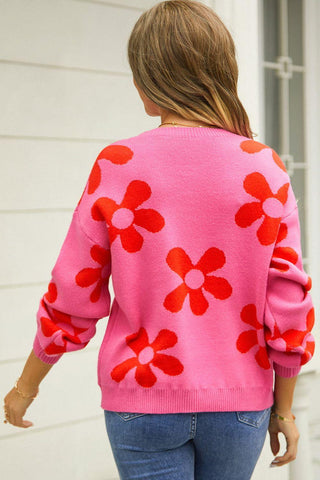 Floral Print Round Neck Dropped Shoulder Pullover Sweater - Closet of Ren