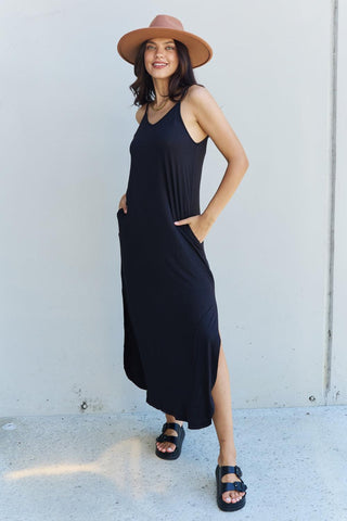 Ninexis Good Energy Full Size Cami Side Slit Maxi Dress in Black - Closet of Ren